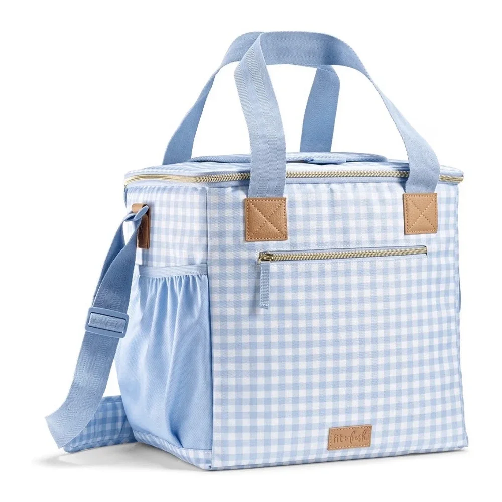 24-Can Soft Cooler Bag Insulated Leak-Resistant Portable Soft Blue Gingham